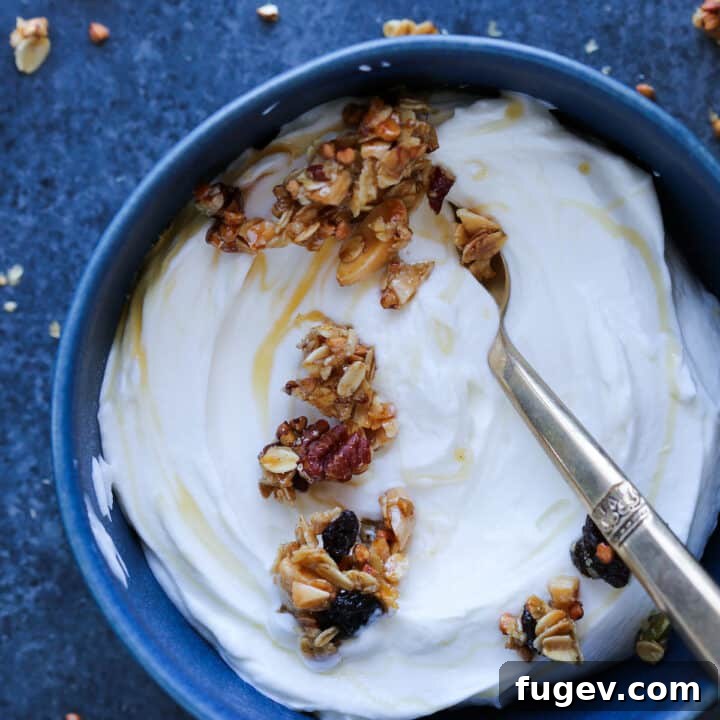 Amber Nectar Granola 2 Honey Granola served on yogurt in a vibrant blue bowl, garnished with fresh berries.