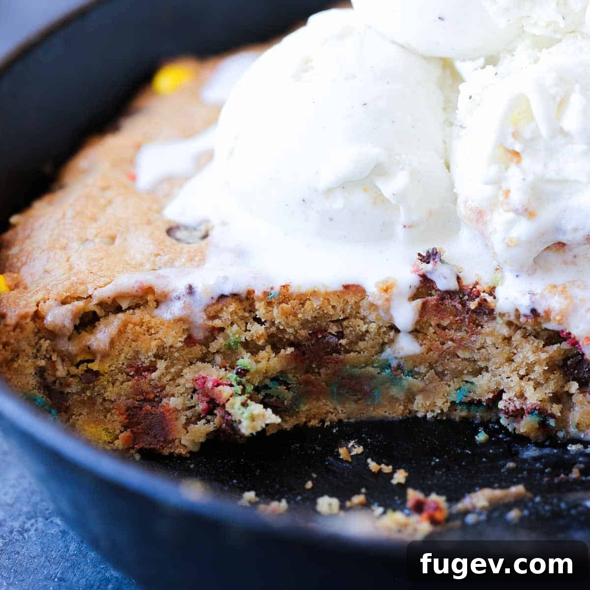 Deep Dish Cookie 4 Close-up interior texture of a pizookie, showing melted chocolate chips, M&M's, and oats.