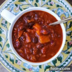Butternut Squash Chili Vegan in white bowl.
