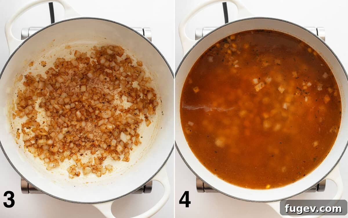 Creamy Vegan Poblano White Bean Chili 5 Minced garlic and dried spices being stirred into sautéed onions. In a separate image, white beans, corn, hominy, broth, and water are poured into a large pot.