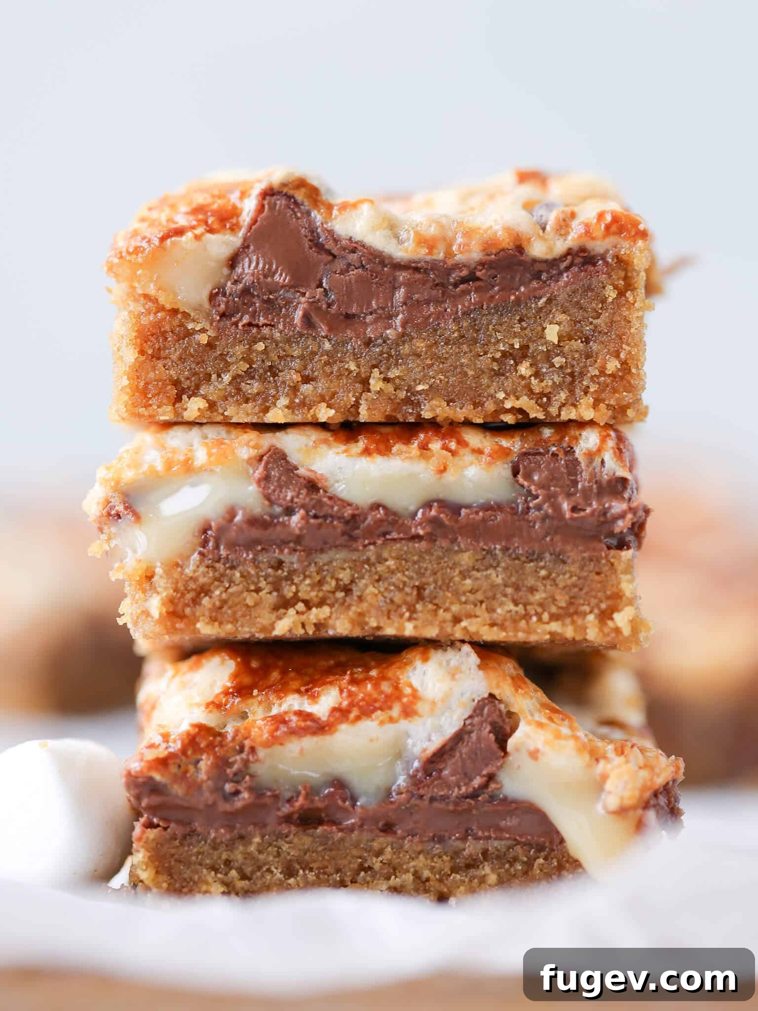 Rich & Gooey S'mores Squares 2 Ooey Gooey Smores Bars tall stack toasted marshmallow