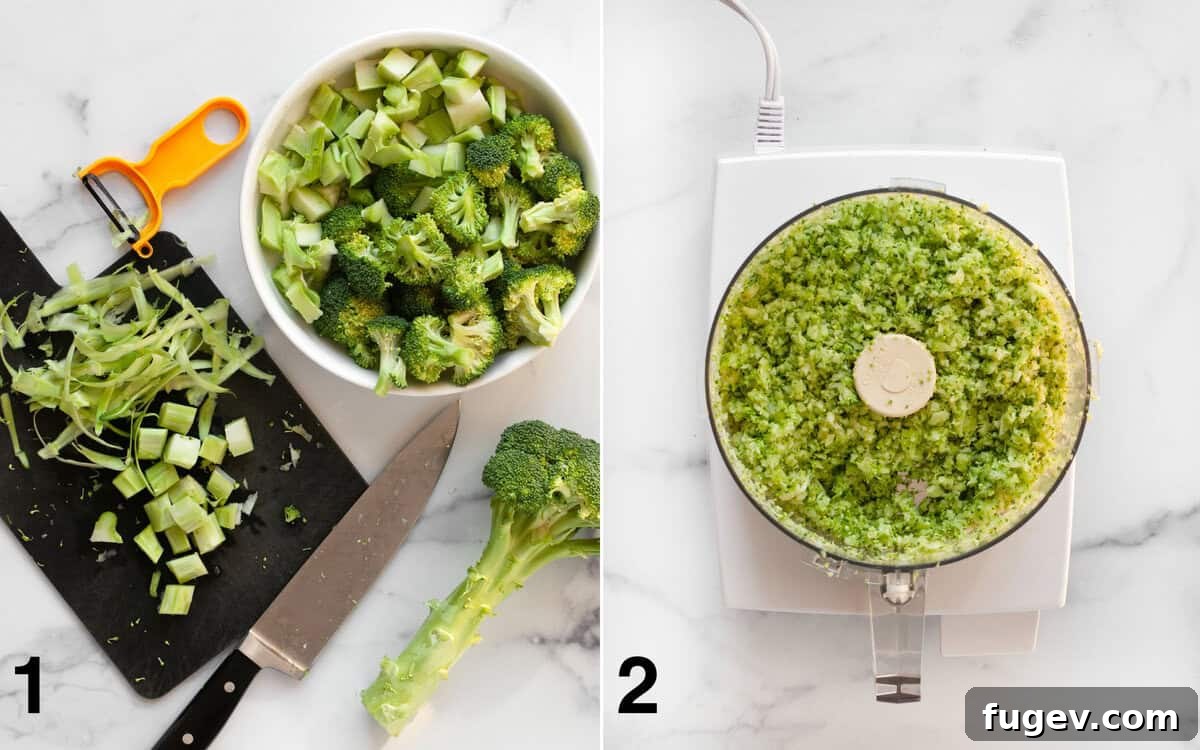 Balsamic Glazed Mushroom and Broccoli Rice 4 Two images side-by-side: on the left, roughly chopped broccoli on a cutting board; on the right, finely riced broccoli in a food processor, ready for cooking.