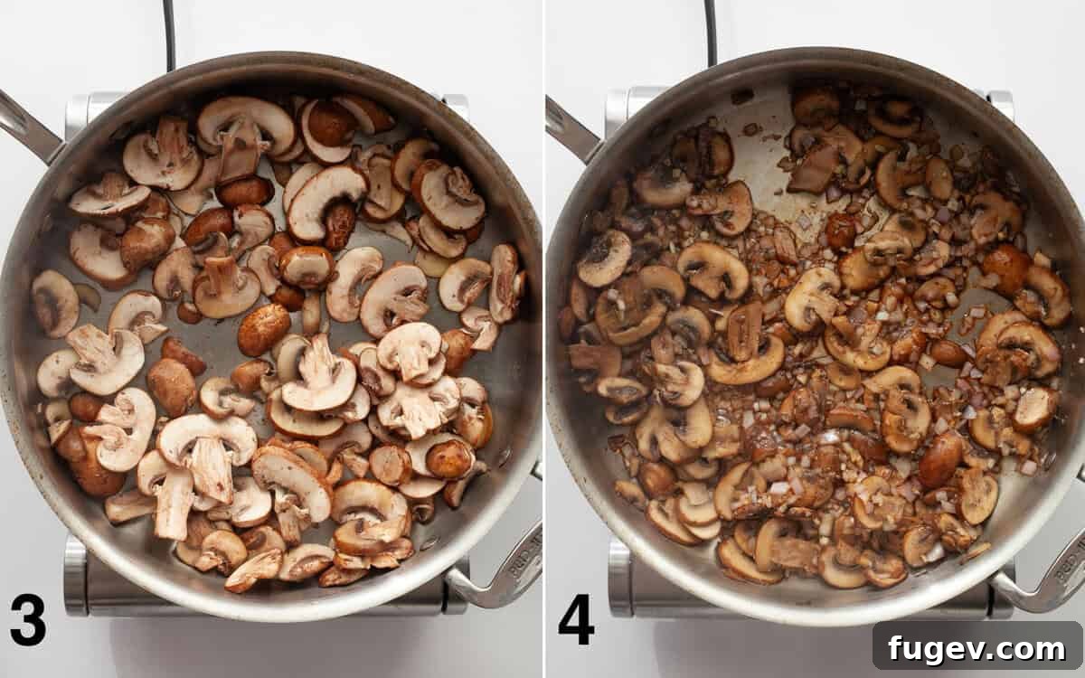 Balsamic Glazed Mushroom and Broccoli Rice 5 Two images side-by-side: on the left, sautéed mushrooms browning in a skillet; on the right, garlic, shallots, and seasonings being stirred into the caramelized mushrooms.
