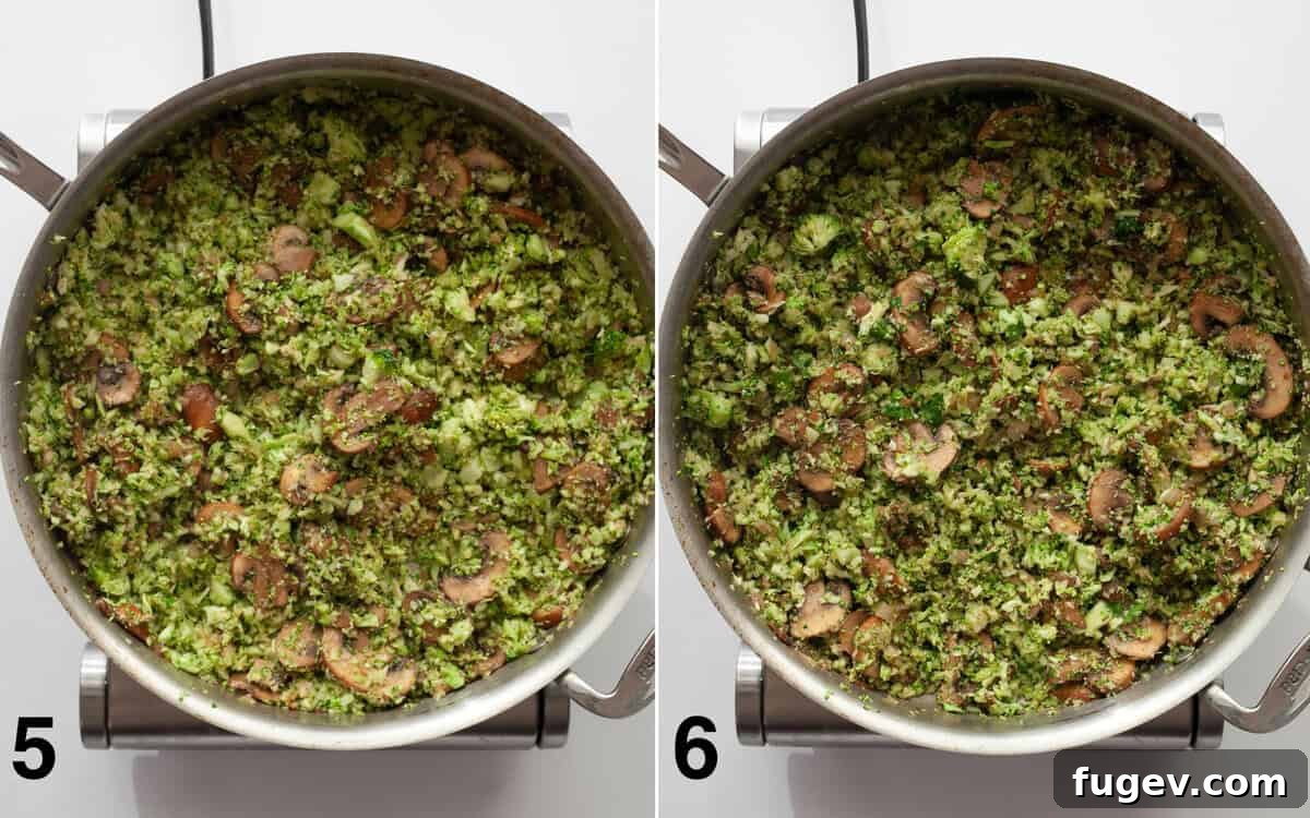 Balsamic Glazed Mushroom and Broccoli Rice 6 Two images side-by-side: on the left, riced broccoli being stirred into the sautéed mushrooms; on the right, grated Parmesan and fresh parsley being folded into the finished broccoli mushroom rice.