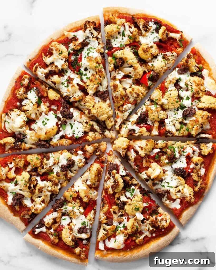 Golden Roasted Cauliflower Tapenade Pizza 2 Exquisite Roasted Cauliflower Olive Tapenade Pizza, close-up with golden crust