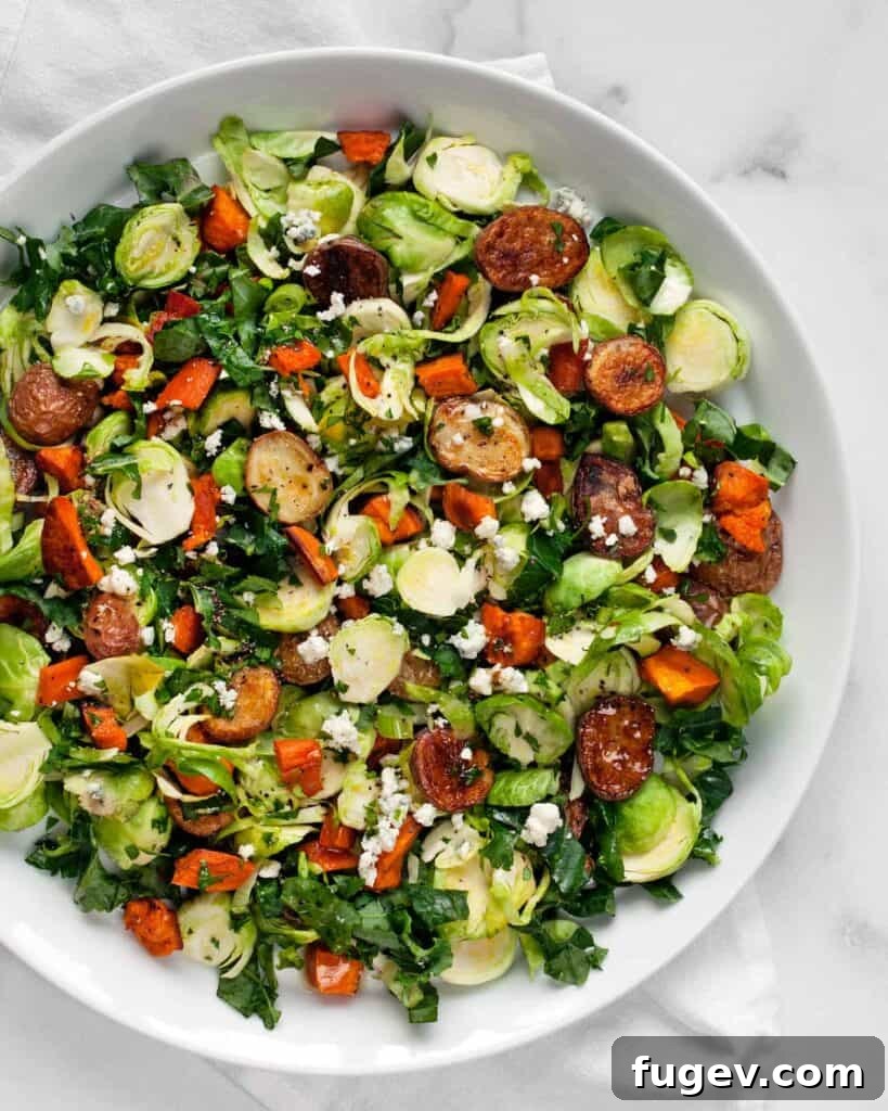 Golden Roasted Potato and Brussels Sprout Salad 2 Roasted Potato Brussels Sprout Salad, showing a full bowl ready to serve