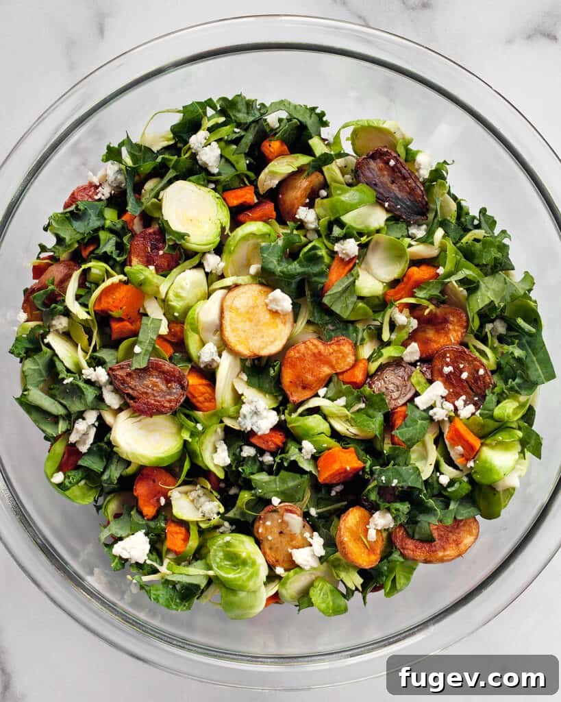 Golden Roasted Potato and Brussels Sprout Salad 4 Combining roasted potatoes, Brussels sprouts, and kale in a large mixing bowl