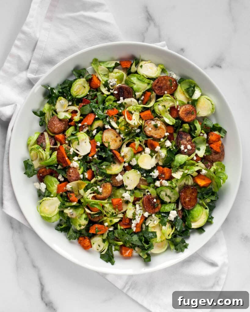 Golden Roasted Potato and Brussels Sprout Salad 8 Finished Roasted Potato Brussels Sprout Salad, artfully arranged and ready to enjoy