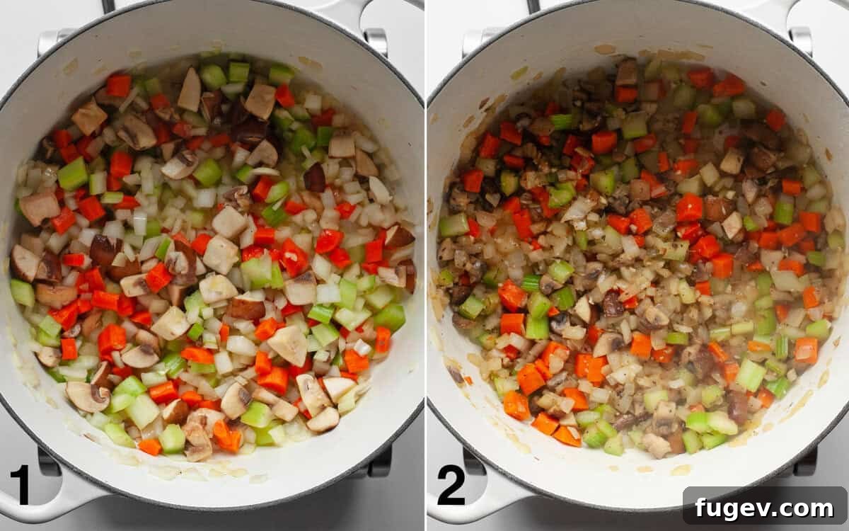 Hearty Lentil Wild Rice Soup 4 Onions, carrots, celery, and mushrooms sautéing in a soup pot, followed by minced garlic and seasonings being stirred into the sautéed vegetables.