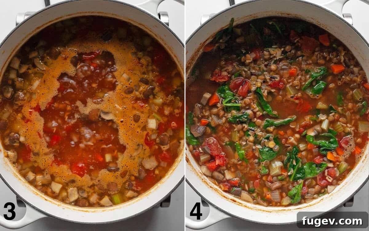 Hearty Lentil Wild Rice Soup 5 Soup simmering in a large pot with rice and lentils, followed by baby spinach being stirred into the soup.
