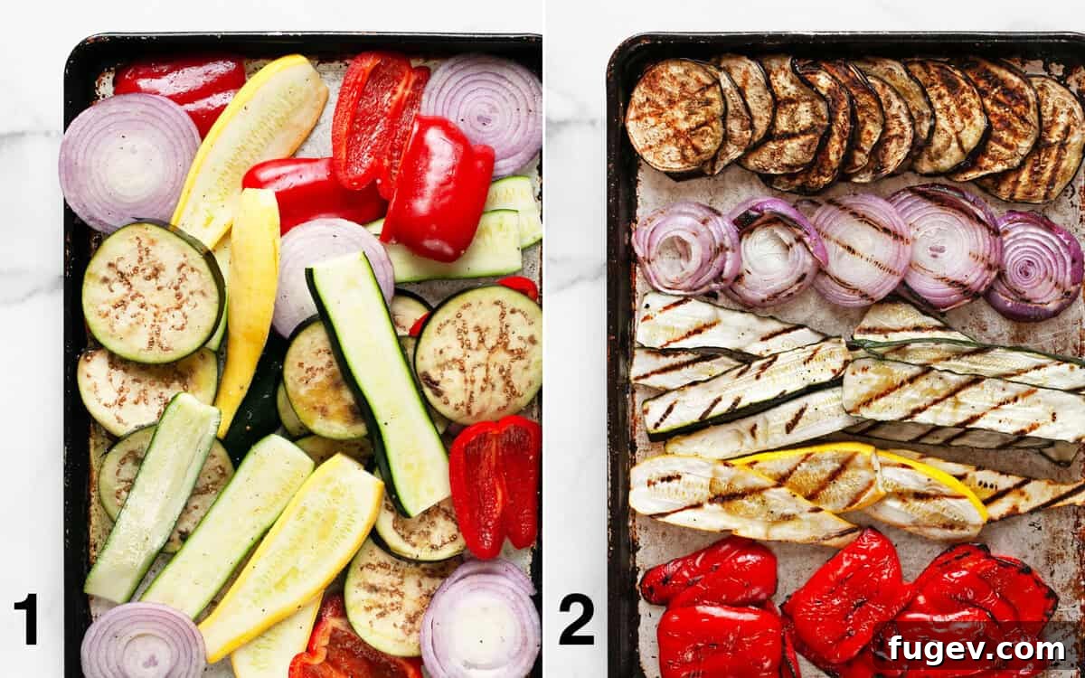 Mediterranean Grilled Vegetable Ciabatta 4 Sheet pan showing fresh, seasoned vegetables before grilling and then perfectly charred, tender grilled vegetables after cooking.