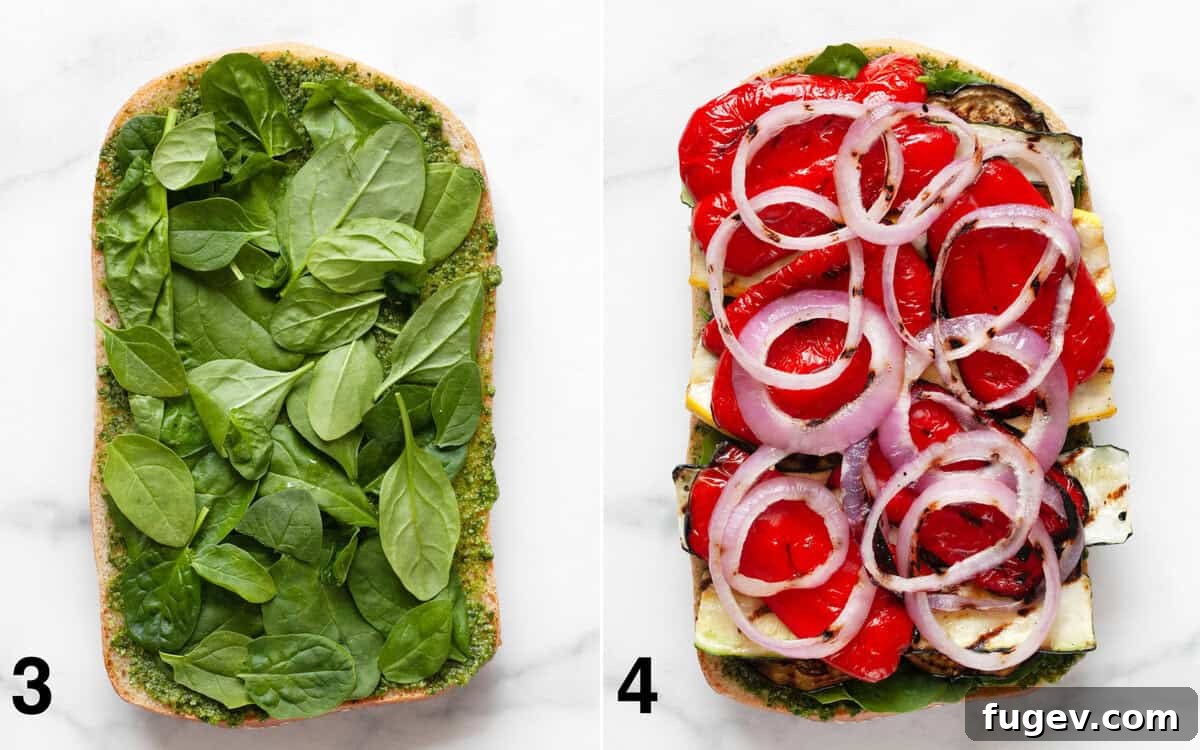 Mediterranean Grilled Vegetable Ciabatta 5 The bottom half of a ciabatta loaf spread with vibrant pesto and layered with fresh baby spinach, followed by perfectly grilled vegetables.
