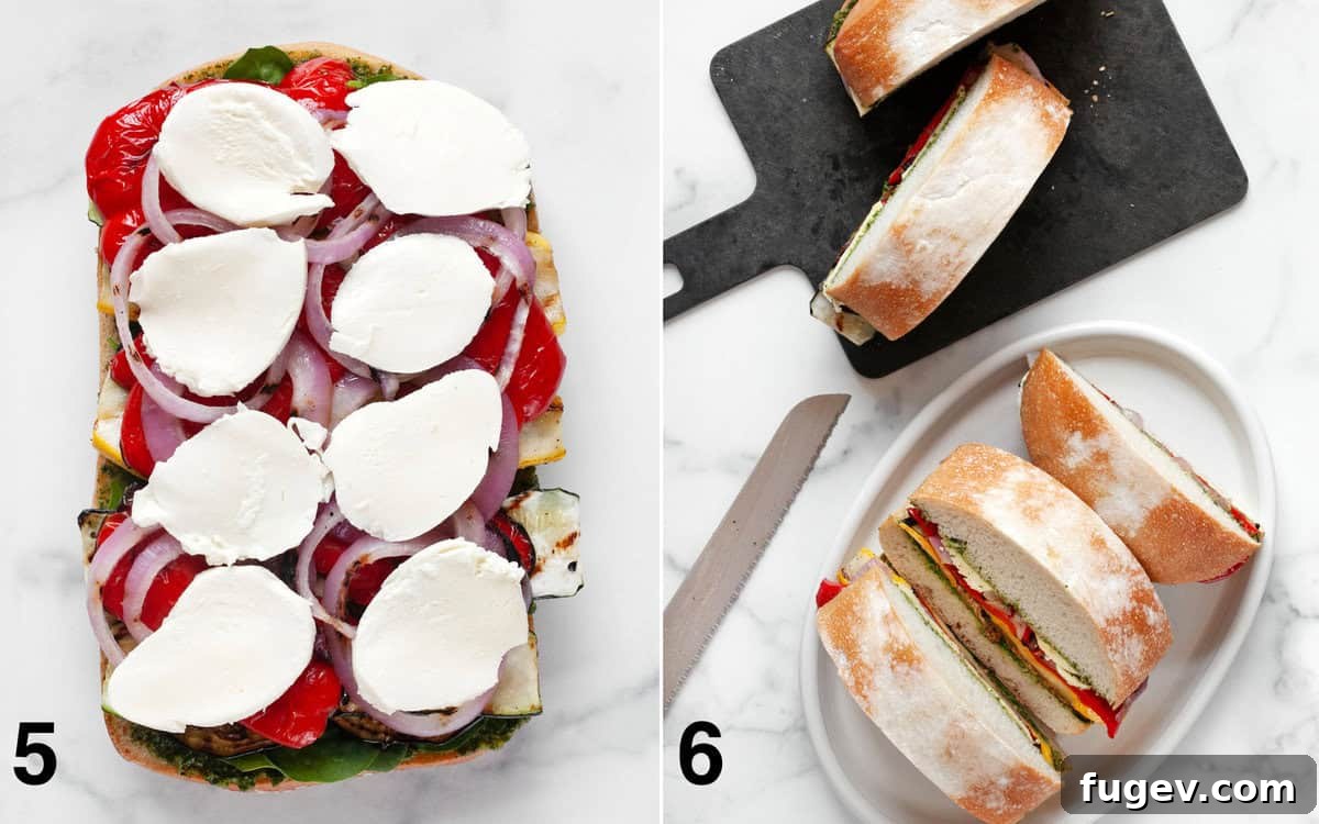 Mediterranean Grilled Vegetable Ciabatta 6 Freshly sliced mozzarella cheese being placed on top of the grilled vegetables in a ciabatta sandwich, followed by the top bread layer and the final sliced sandwich.