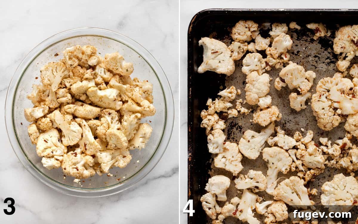 Smoky Chipotle Cauliflower Tacos 5 Marinated cauliflower florets are being stirred in a bowl, followed by an image of the coated cauliflower spread evenly in a single layer on a sheet pan, ready for roasting.