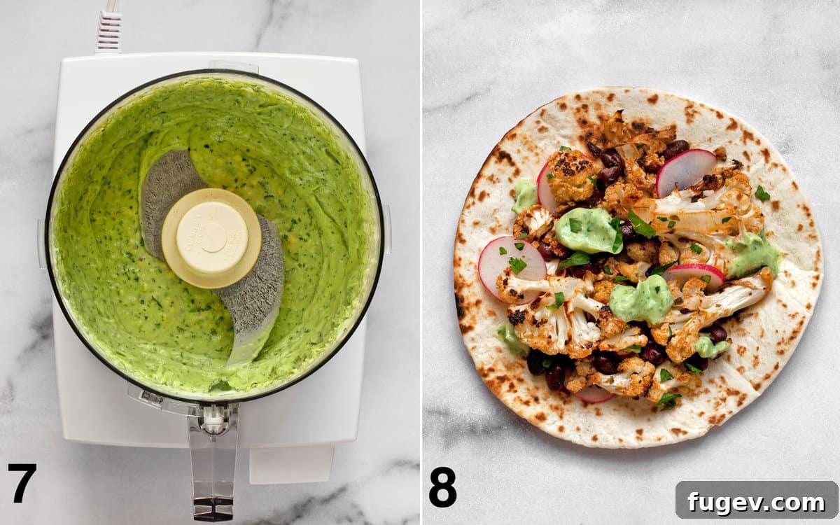 Smoky Chipotle Cauliflower Tacos 7 Smooth, bright green avocado crema pureed in a food processor. The second image shows an assembled taco, filled with roasted cauliflower, black beans, and colorful garnishes, ready to be enjoyed.