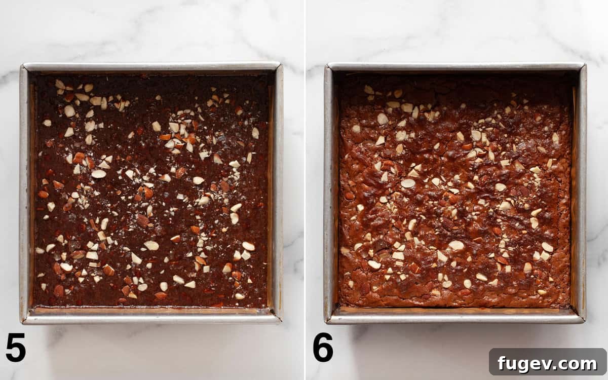 Milky Chocolate Almond Brownie Squares 6 A visual comparison of brownies in the baking pan, showing their appearance before and after being baked to perfection.