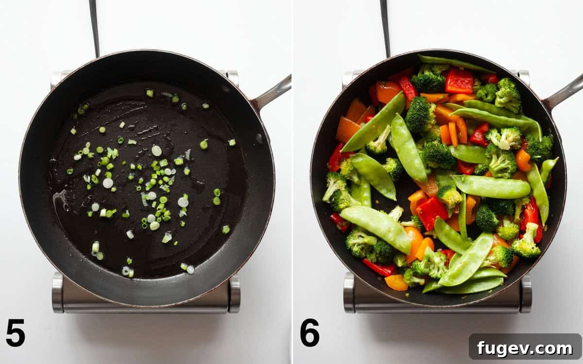 Flavorful Tofu & Veggie Medley 6 White parts of scallions sautéing in a skillet, followed by colorful vegetables cooking in the same pan.