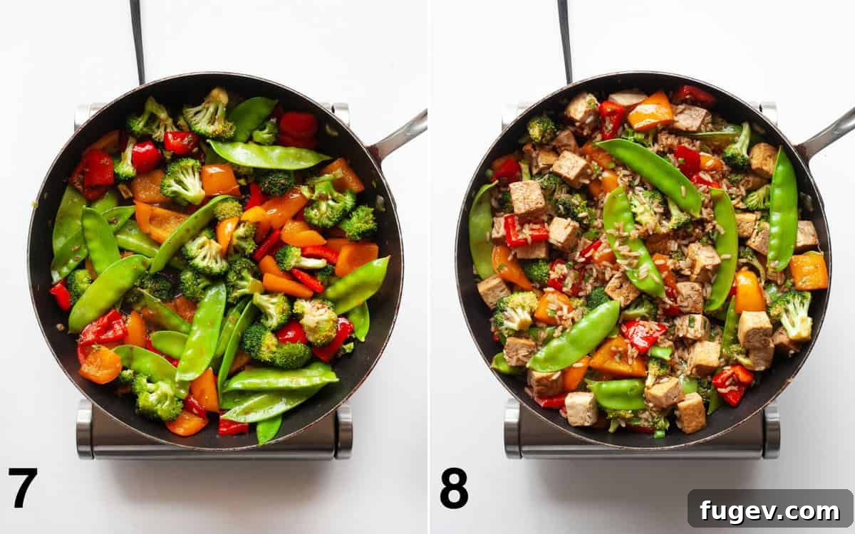Flavorful Tofu & Veggie Medley 7 Sauce poured over stir-fried vegetables, followed by the addition of tofu, rice, and green scallions, being stirred together.