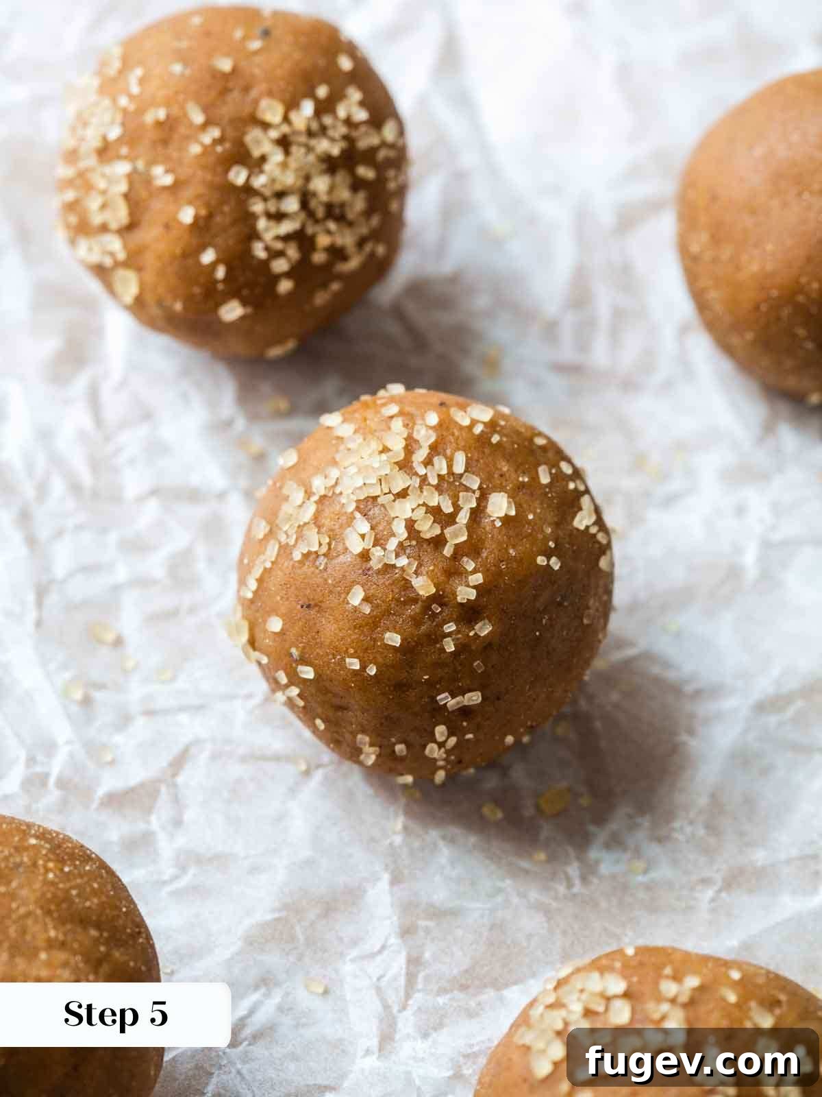 Richly Spiced Cookies 6 Spice cookie dough balls rolled in turbinado sugar, ready for baking.