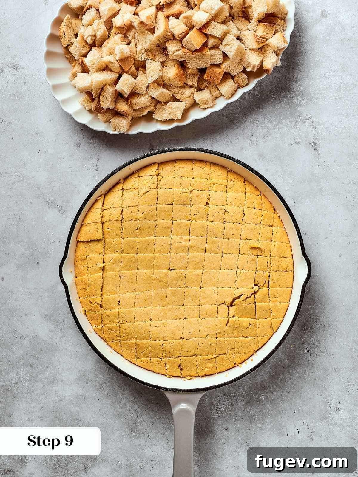 Down-Home Southern Cornbread Dressing 12 Freshly baked cornbread cut into cubes and cooling in a pan before drying.