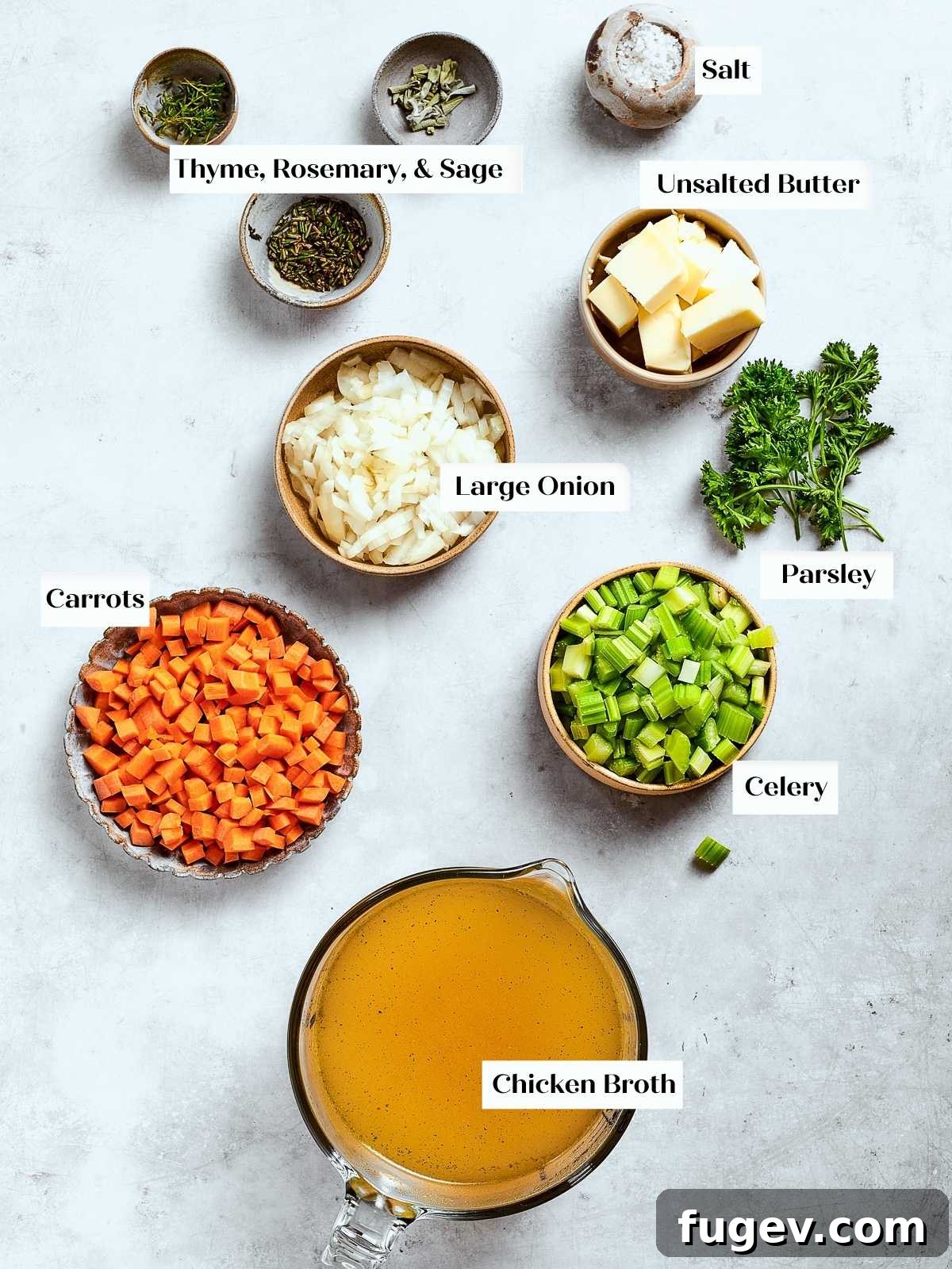 Down-Home Southern Cornbread Dressing 4 Preparation setup showing all ingredients for Southern cornbread dressing before mixing and baking.