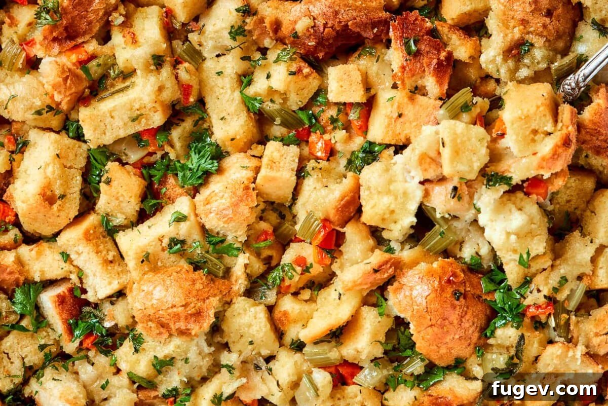 Down-Home Southern Cornbread Dressing 5 Cubes of cornbread and rustic bread showing in baked cornbread dressing.