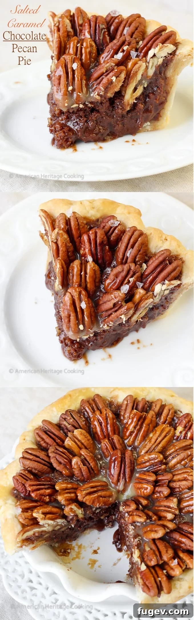 Decadent Chocolate Pecan Pie 15 Three slices of chocolate pecan pie in mini white pie dishes, a charming presentation.