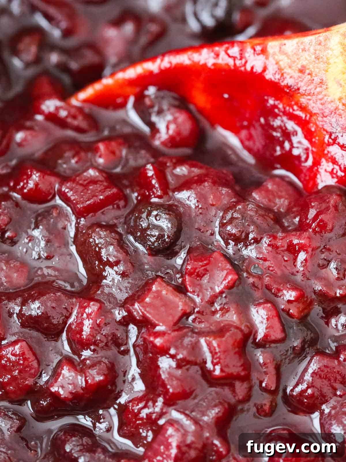 Ruby Red Cranberry Chutney 2 Close-up shot of homemade cranberry chutney on a wooden spoon, showcasing its rich color and chunky texture.