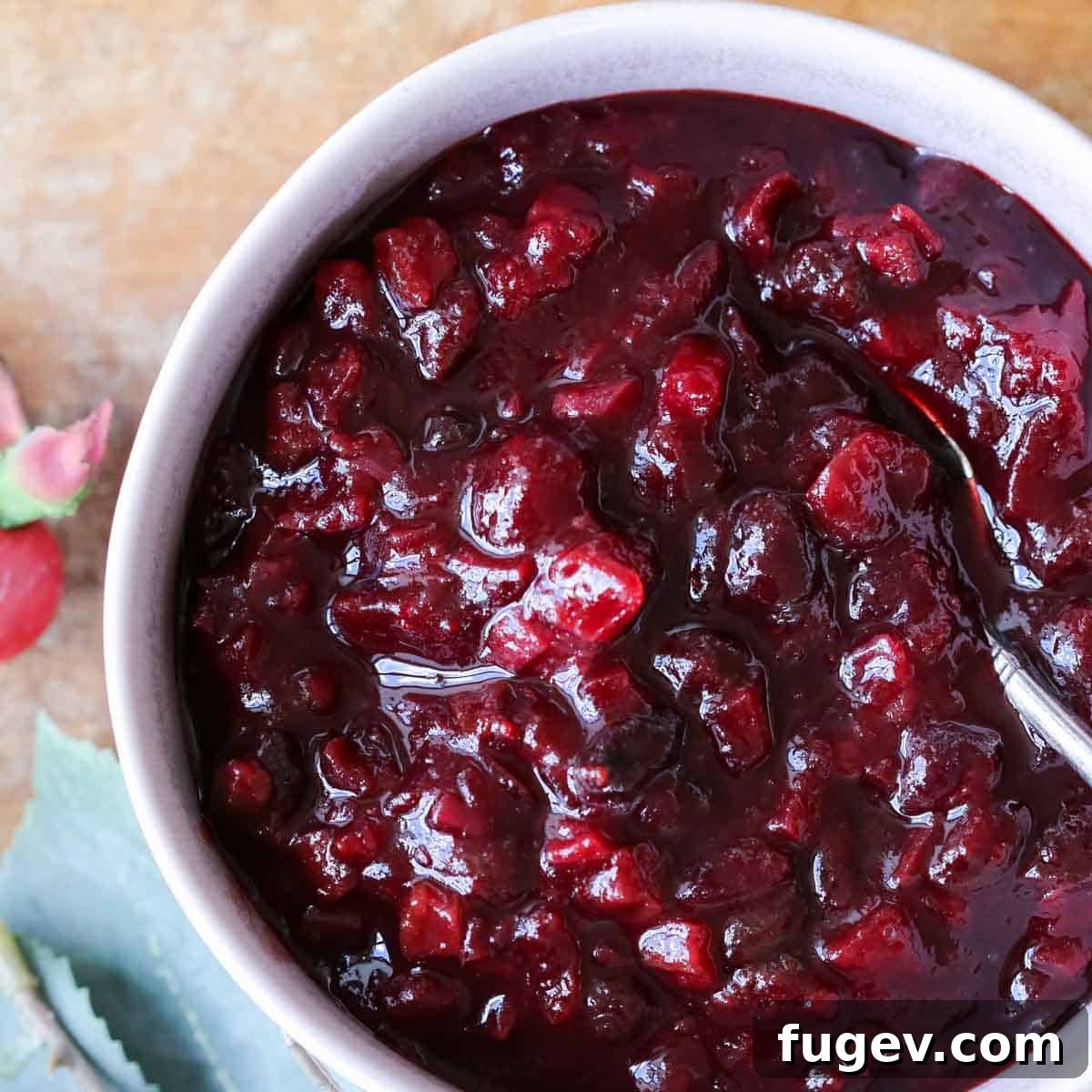 Ruby Red Cranberry Chutney 3 A bowl filled with freshly cooked cranberry chutney, garnished for a festive presentation.