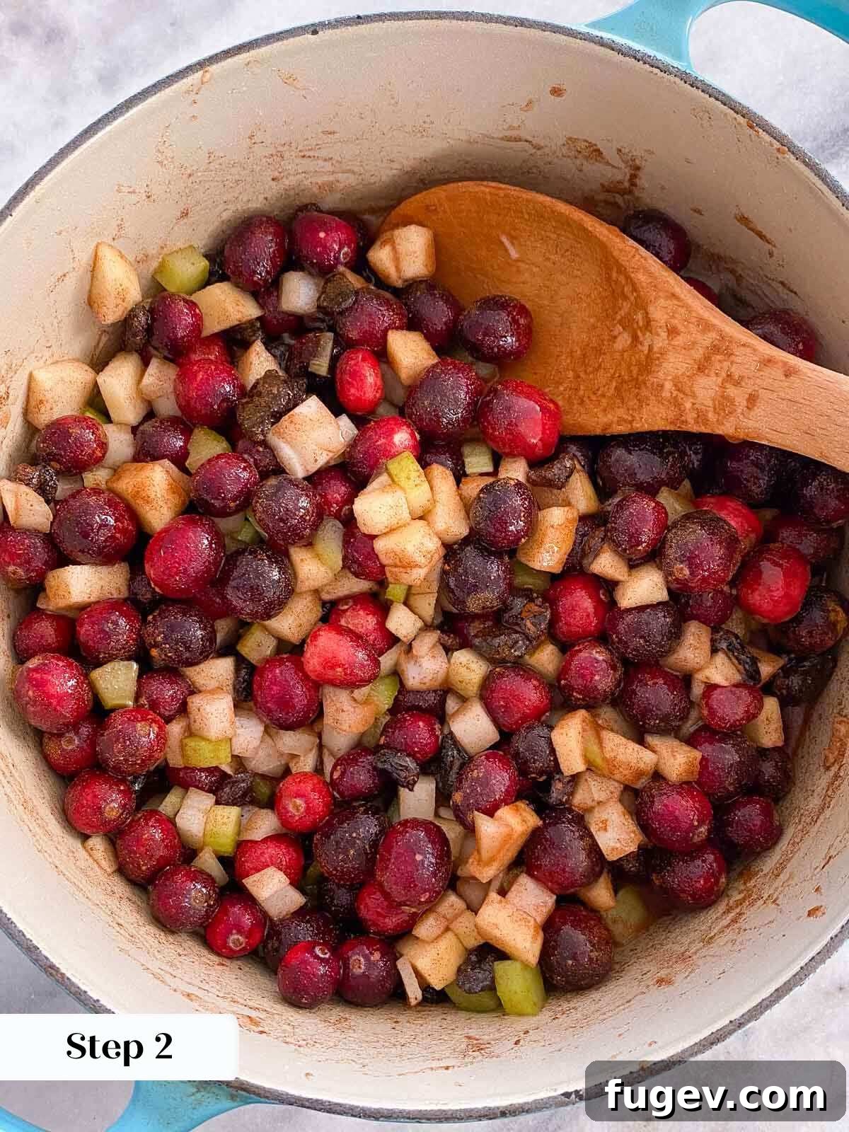 Ruby Red Cranberry Chutney 4 Uncooked cranberry chutney ingredients in a teal pot before simmering, showing whole cranberries, raisins, and diced aromatics.