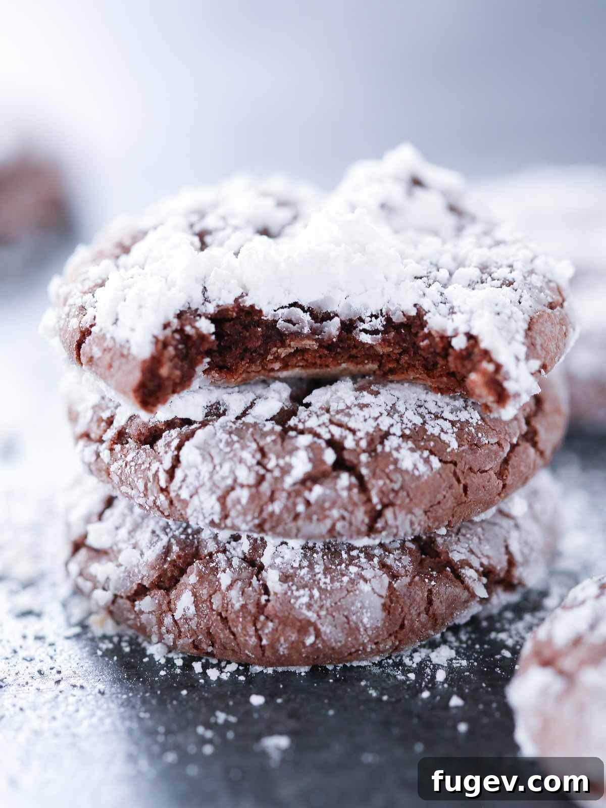 Fudgy Chocolate Crinkles 2 Stack of rich chocolate crinkle cookies, with the top one bitten to reveal its fudgy interior.