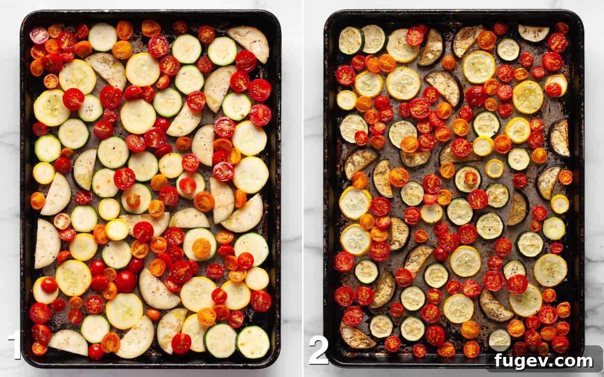 Garden Roast Pizza 4 Two images side-by-side. The first shows raw, sliced vegetables tossed with oil and seasoning on a sheet pan. The second shows the same vegetables after being roasted, looking tender and slightly browned.