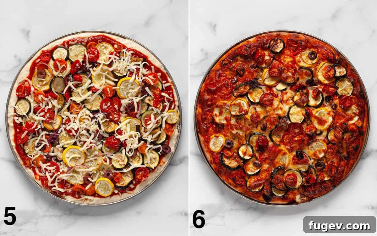 Garden Roast Pizza 6 Two images. The first shows an uncooked vegetarian pizza with all toppings arranged. The second shows the same pizza after baking, with melted cheese and a golden-brown crust.