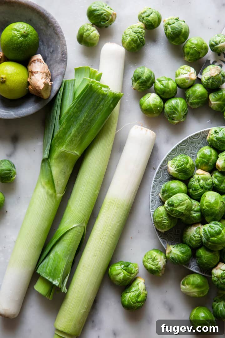Zesty Lime Ginger Brussels Sprouts and Leeks 3 Roasted Brussels Sprouts and Leeks arranged artfully on a grey surface, ready to be served.