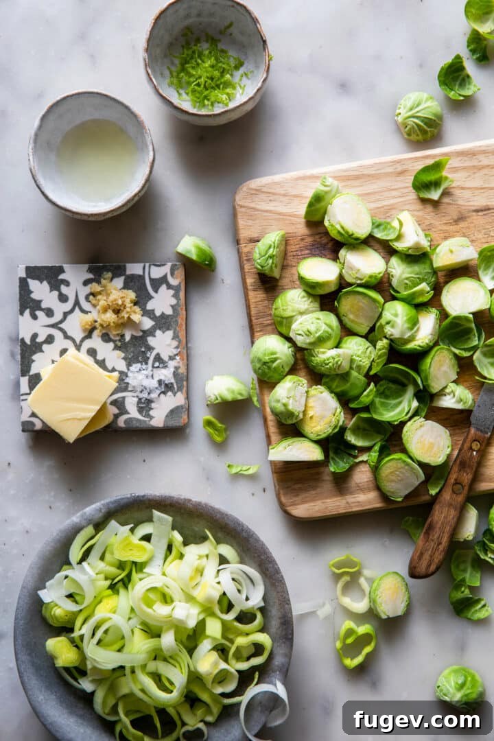 Zesty Lime Ginger Brussels Sprouts and Leeks 6 Fresh, spiced Brussels sprouts and leeks, perfectly prepped and ready for cooking in a skillet.