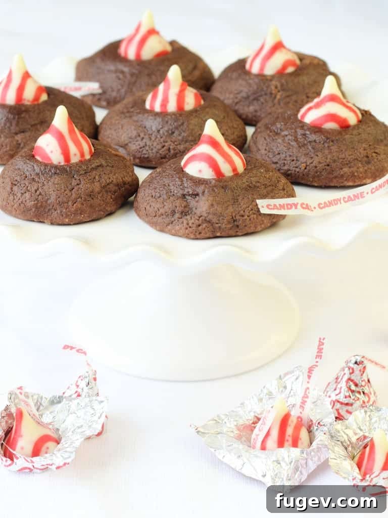 Rich Peppermint Chocolate Kisses 5 Freshly baked Double Chocolate Peppermint Kiss Cookies cooling on a rack