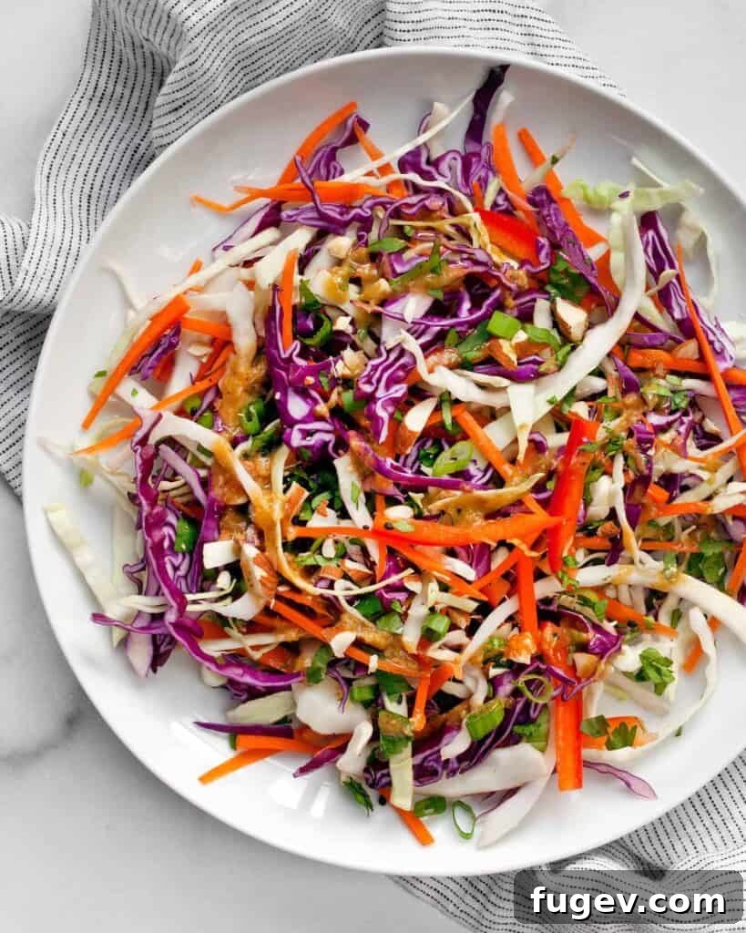Vibrant Asian Slaw 2 Vibrant Asian Cabbage Salad, featuring shredded red and green cabbage, carrots, bell peppers, cilantro, and almonds, dressed to perfection.