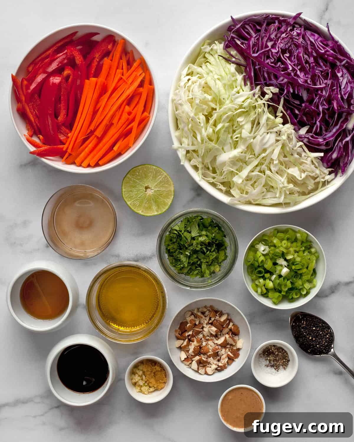 Vibrant Asian Slaw 3 A beautiful flat lay of all the fresh ingredients for Asian Cabbage Salad, including colorful cabbage, carrots, bell peppers, cilantro, almonds, and dressing components like ginger and soy sauce.