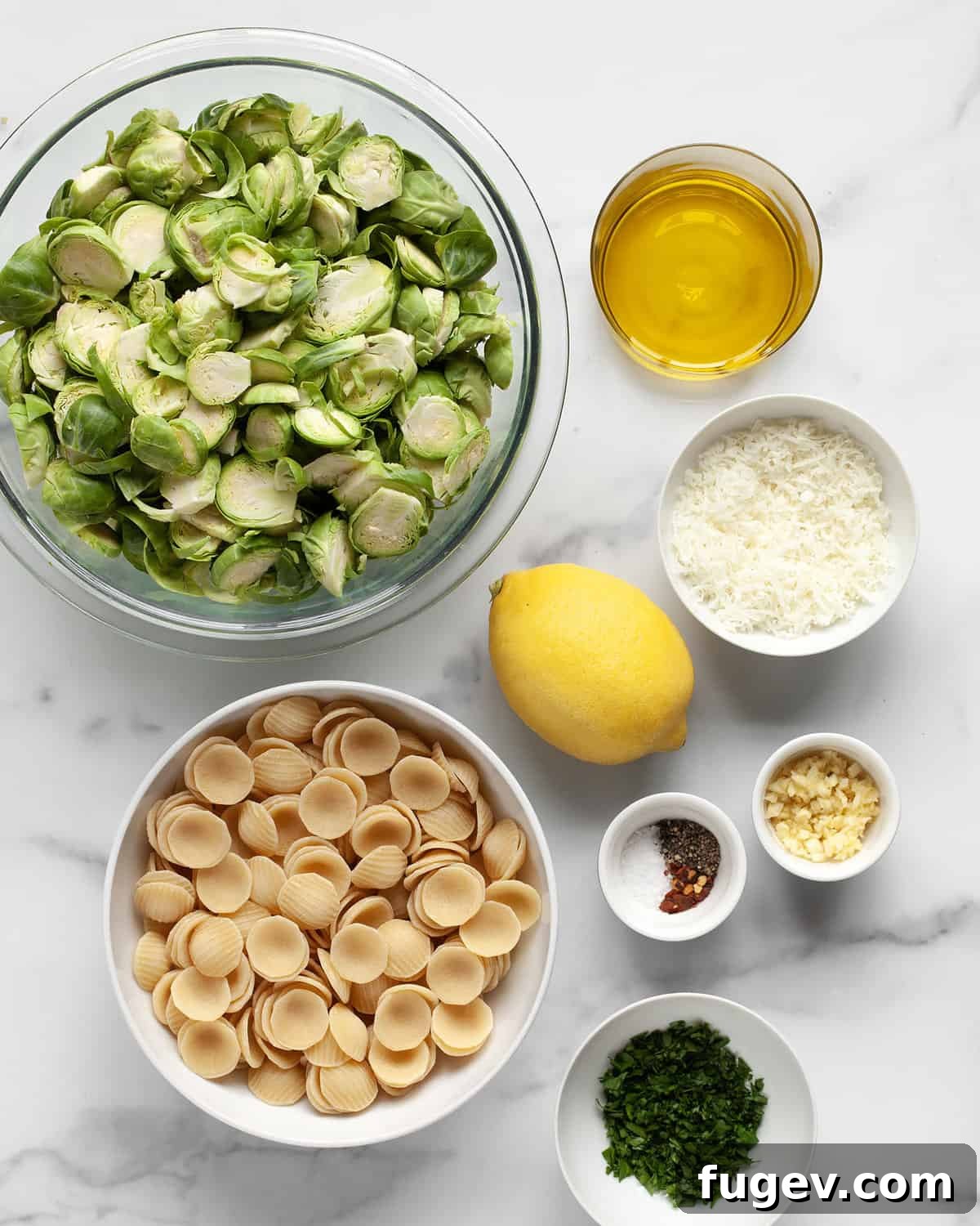 Caramelized Brussels Sprout Pasta 3 Fresh ingredients laid out on a wooden surface: bright green Brussels sprouts, orecchiette pasta, a bottle of olive oil, a whole lemon, garlic cloves, a block of Pecorino cheese, red pepper flakes, salt, and black pepper.