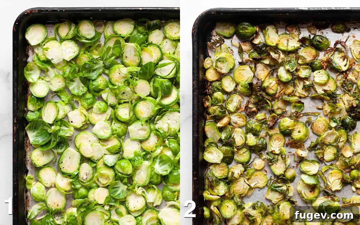 Caramelized Brussels Sprout Pasta 4 A comparison image showing raw, thinly sliced Brussels sprouts on a baking sheet on the left, and on the right, the same sprouts beautifully roasted to a golden brown with crispy edges.