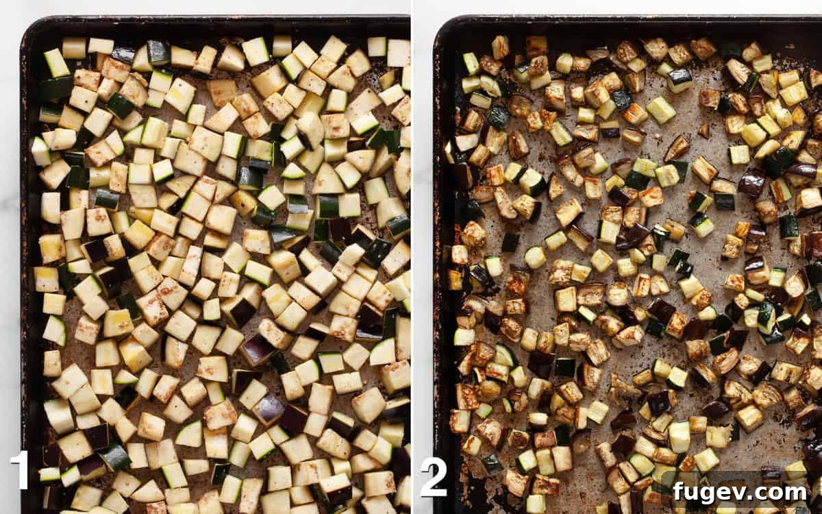 Mediterranean Eggplant and Chickpea Stew 4 Side-by-side comparison showing raw diced eggplant and zucchini on a sheet pan before roasting, next to the same vegetables after being perfectly roasted to a tender, golden-brown finish.