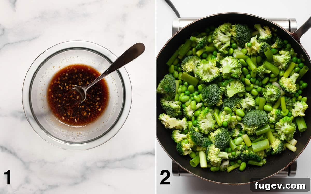 Nutrient-Packed Broccoli, Edamame, and Pea Fried Rice 4 Two images side-by-side. Left: A small bowl with the mixed fried rice sauce. Right: Broccoli, peas, edamame, and scallions sizzling in a skillet.