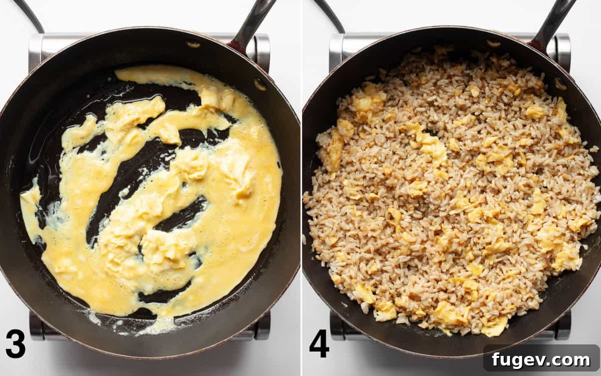 Nutrient-Packed Broccoli, Edamame, and Pea Fried Rice 5 Two images side-by-side. Left: Scrambled eggs cooking in a skillet. Right: Brown rice mixed with scrambled eggs and sauce in the skillet.