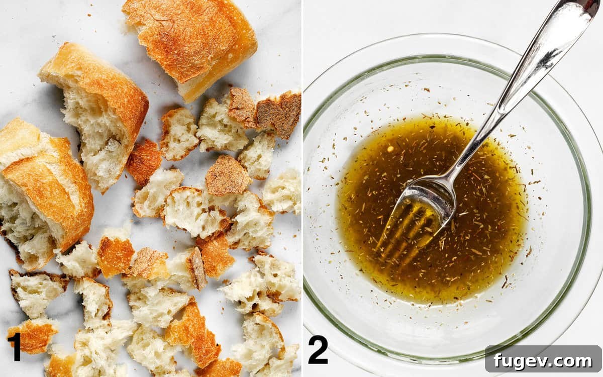 Perfect Homemade Croutons 4 Pieces of torn bread. Bowl of olive oil mixed with dried seasonings.