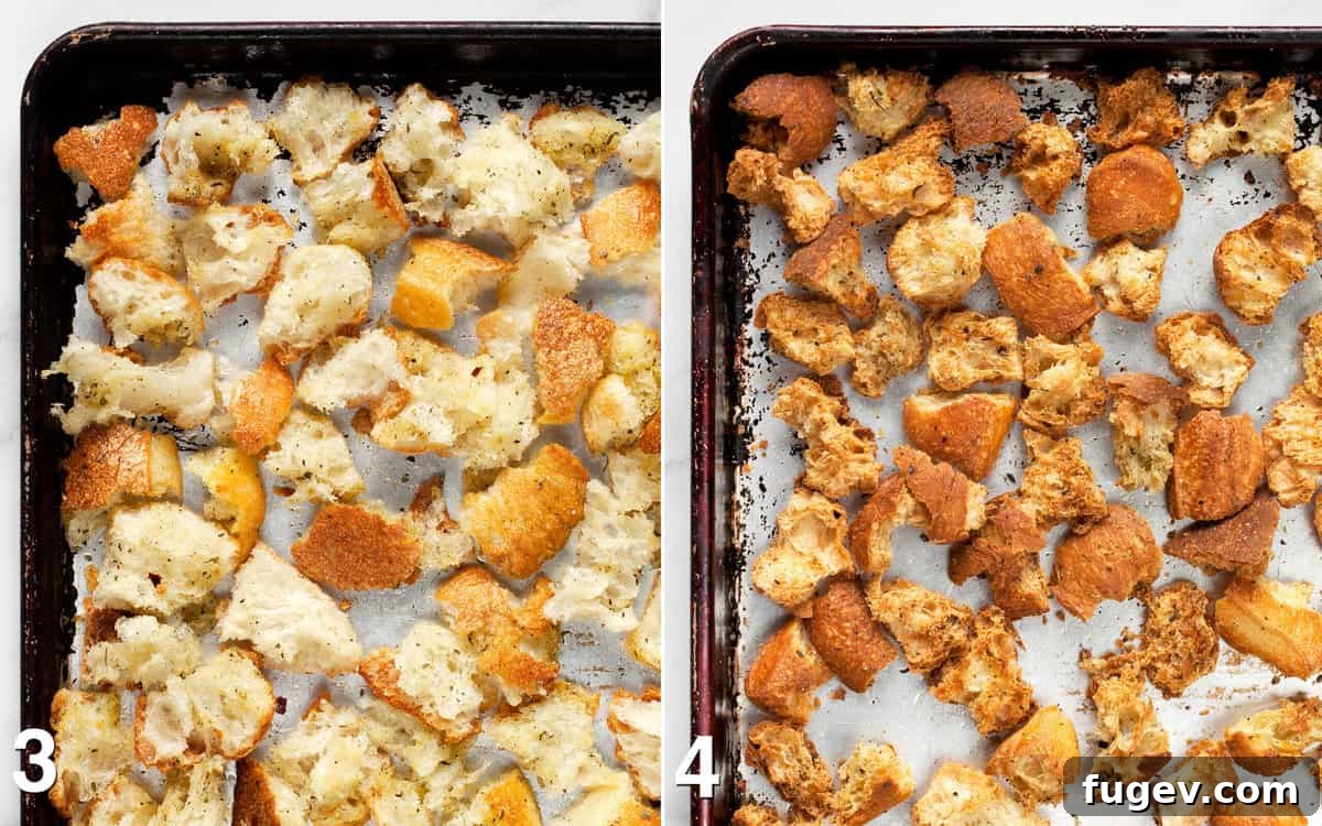 Perfect Homemade Croutons 5 Bread pieces on a sheet pan. Baked croutons on the pan.