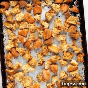 Perfect Homemade Croutons 7 Homemade croutons on a sheet pan