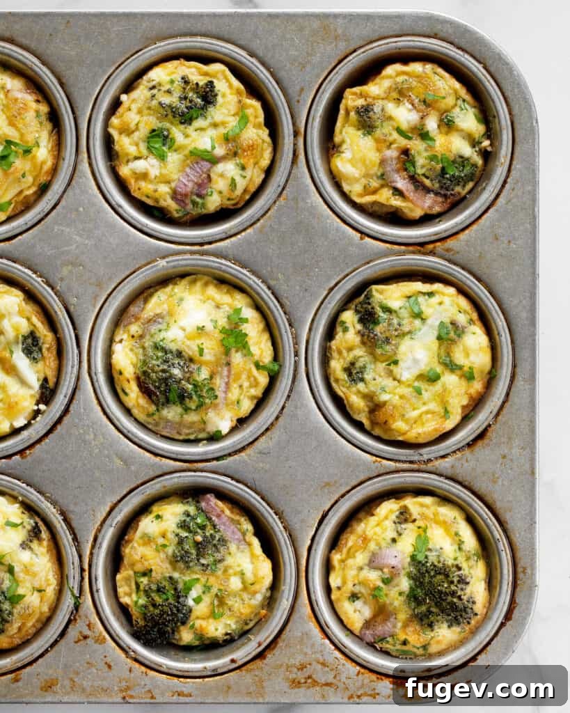 Roasted Broccoli and Caramelized Onion Egg Bites 4 Mini frittatas in a muffin pan
