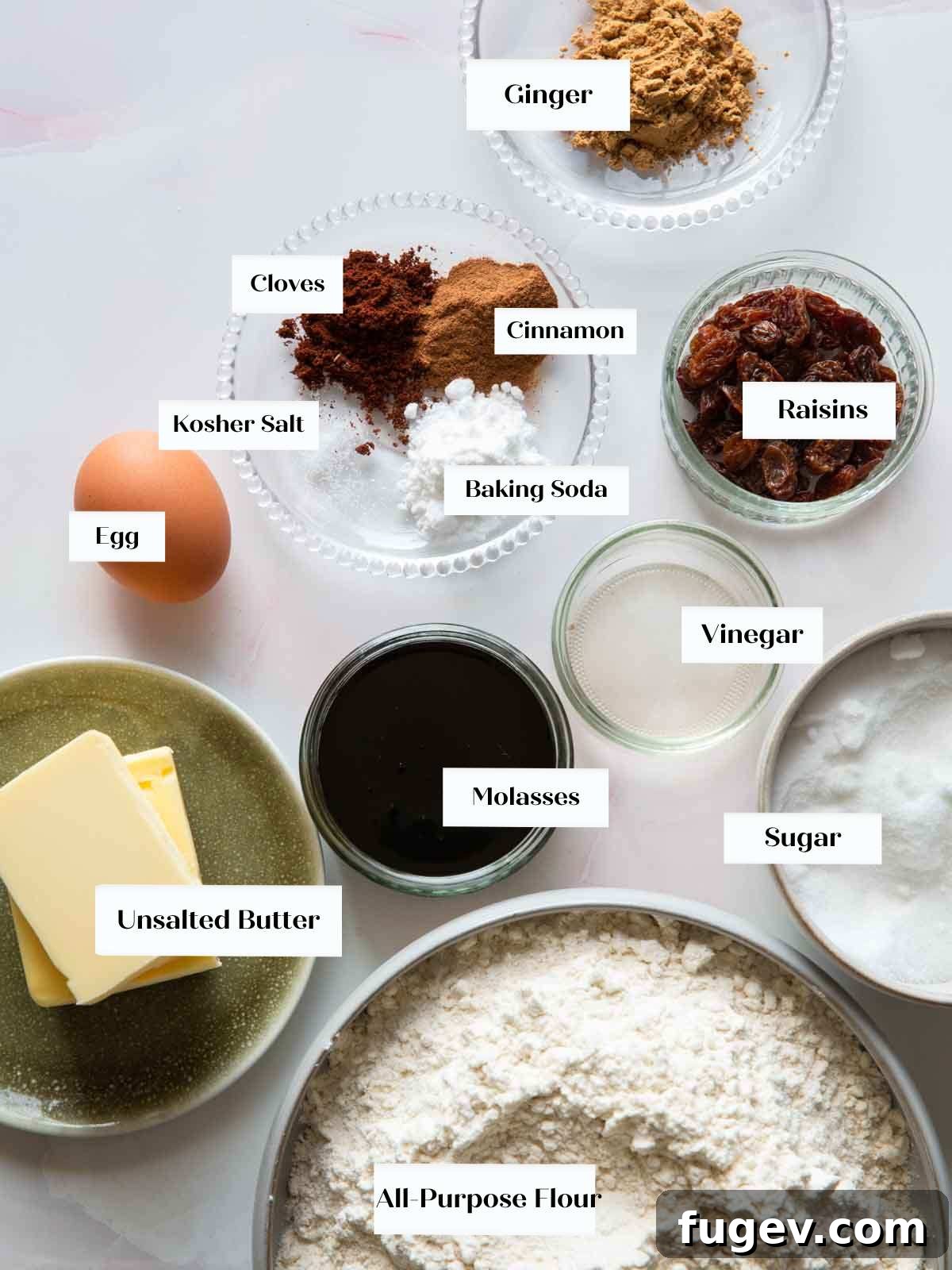 Melt-in-Your-Mouth Gingerbread Treats 4 Collection of fresh gingerbread cookie ingredients on a white background.