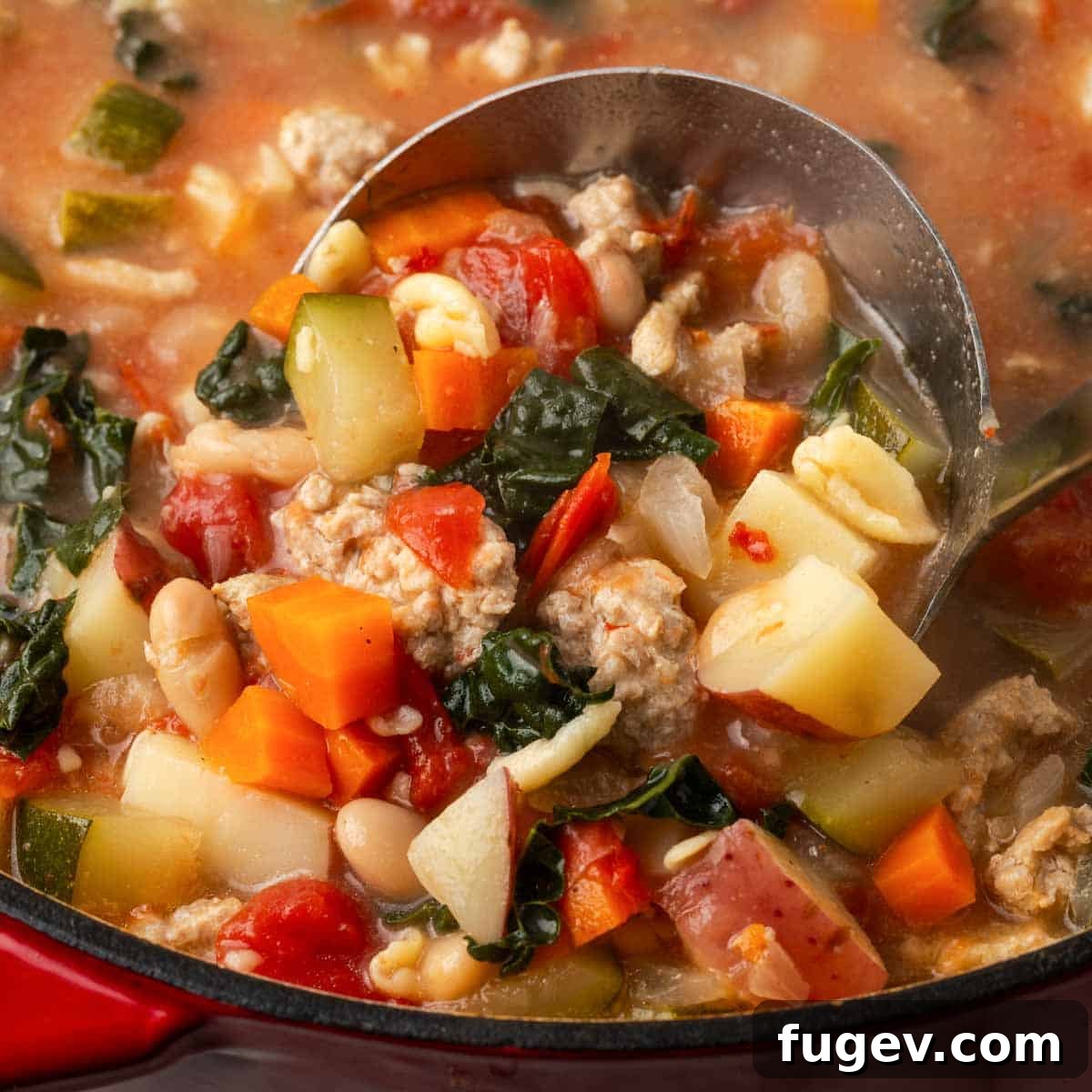 Wholesome Ground Turkey Soup 4 Close-up detail of ground turkey and vegetable soup being served with a ladle, showing rich texture and ingredients.