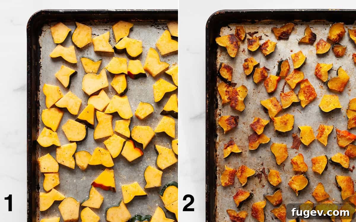 Golden Harvest Squash Salad 5 A two-panel image showing squash pieces on a sheet pan before roasting, and the same squash after roasting, golden brown and tender.